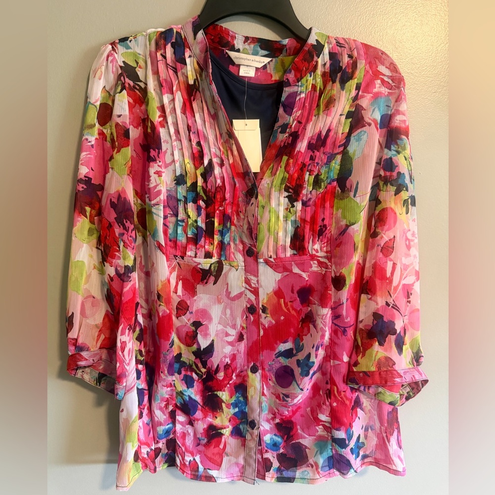 Christopher & Banks Pink Colorful Floral Blouse built in navy tank Sz small NWT